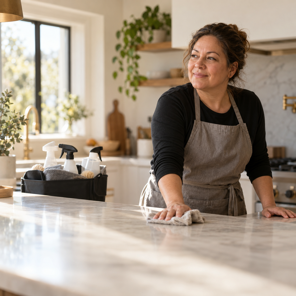 House cleaner at a kitchen counter with cleaning supplies.
