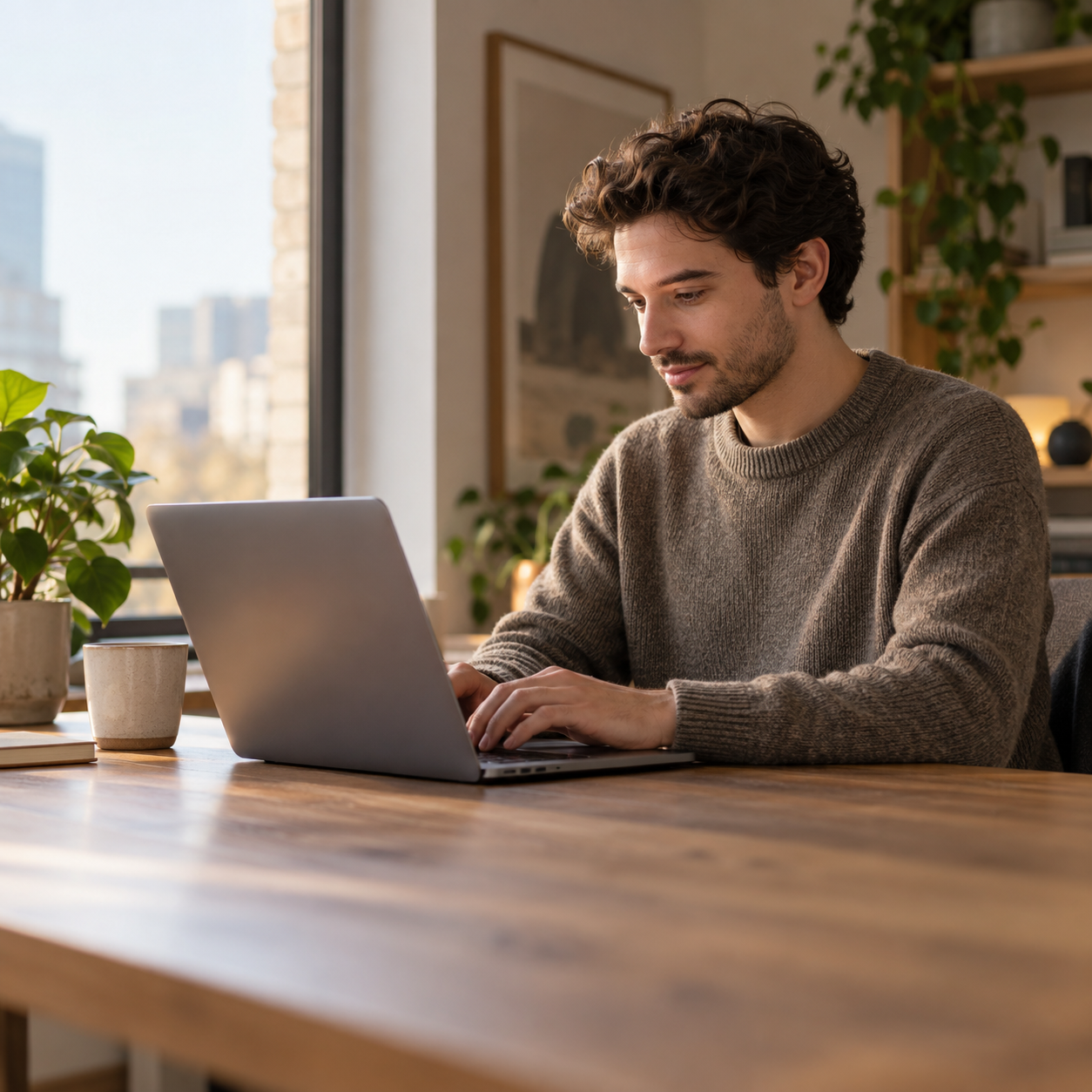 Freelance developer working on a laptop by a window.