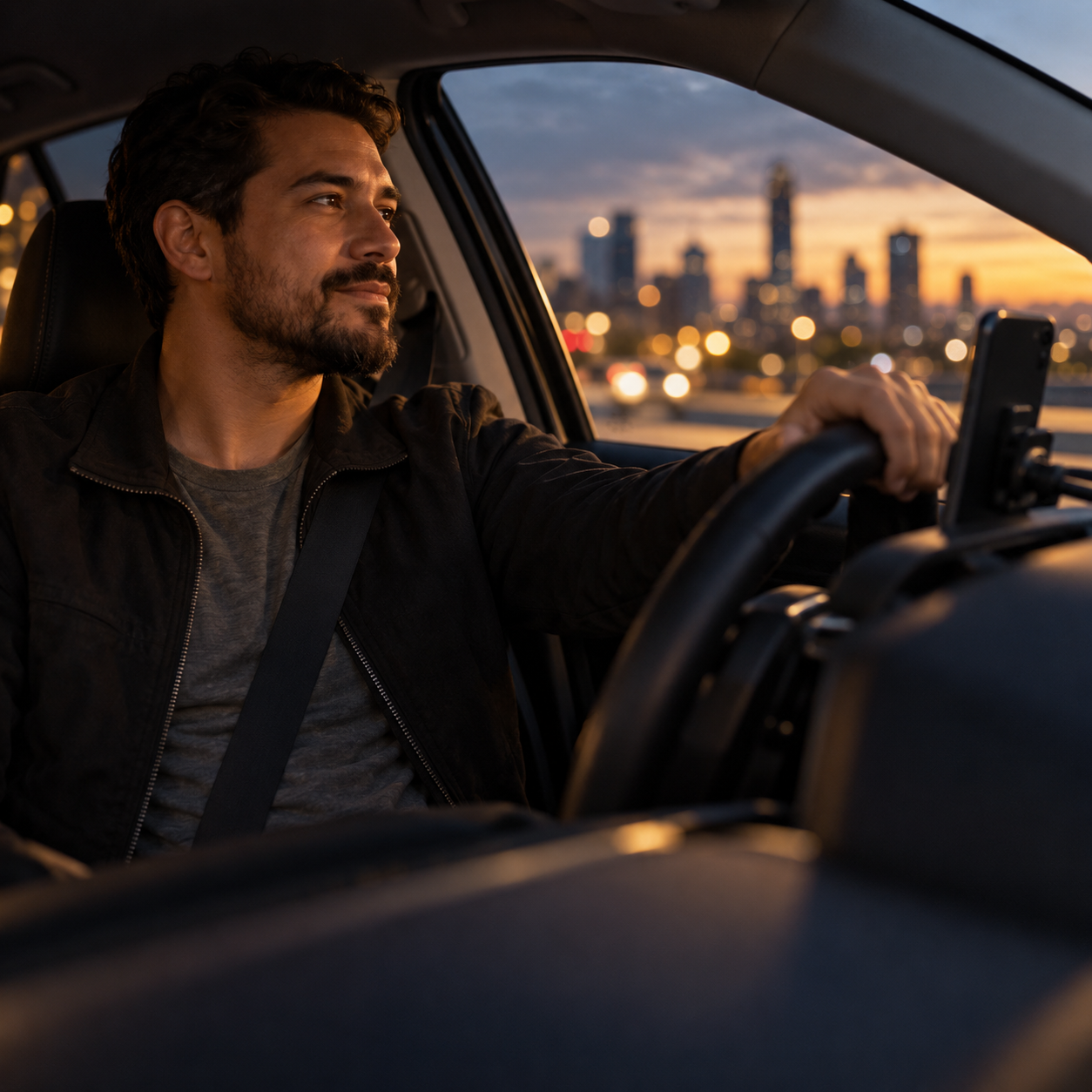 Rideshare driver at the wheel with the city beyond.