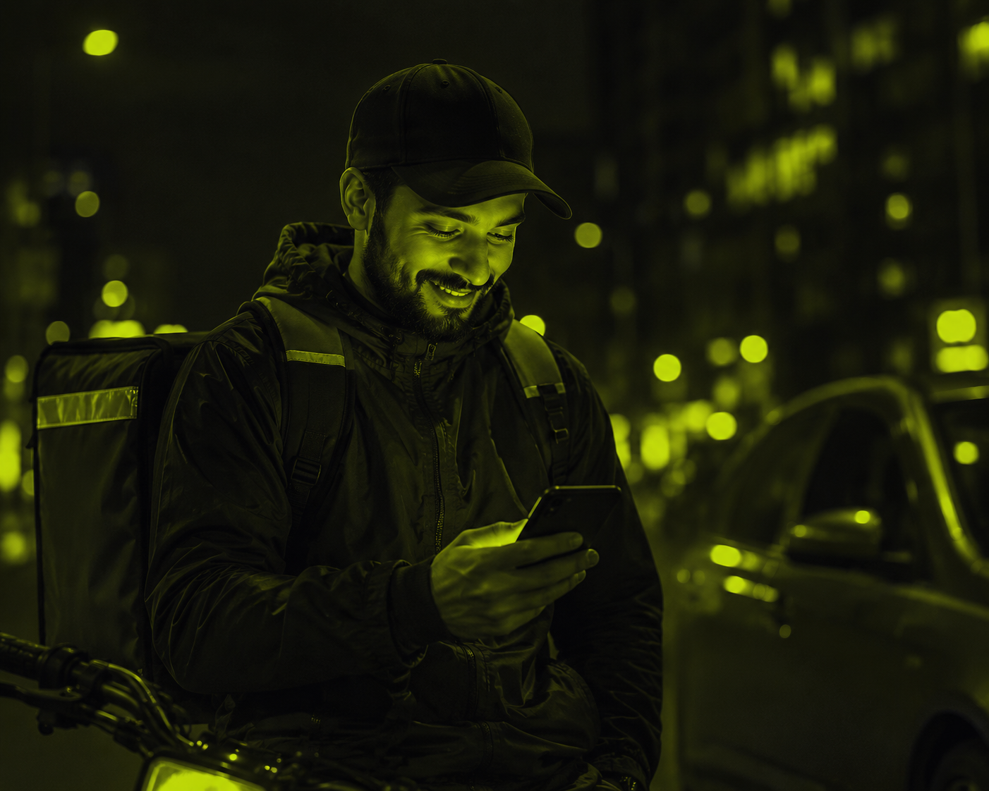 A courier checking their phone at night