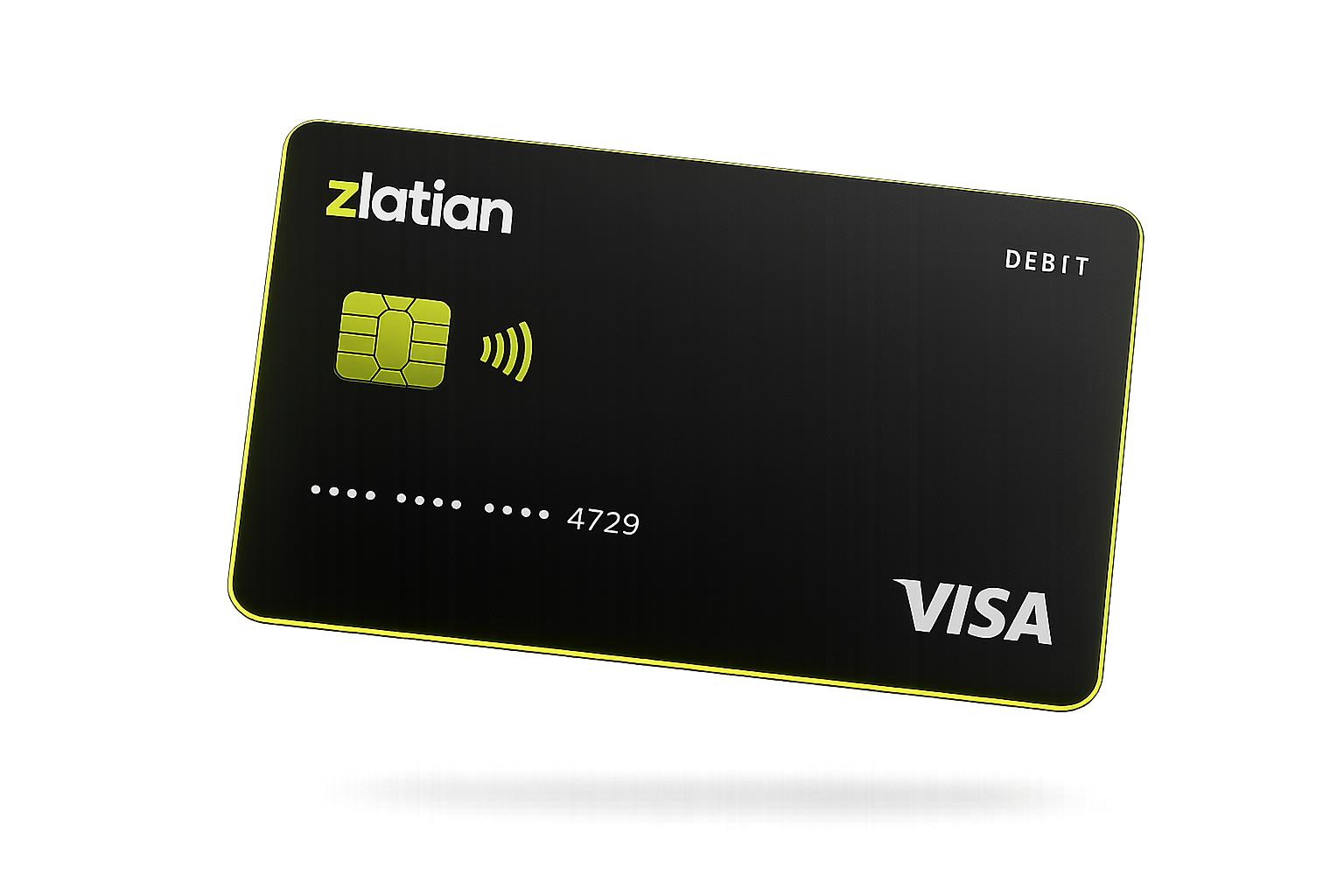 The Zlatian Visa debit card glowing with a soft lime light.